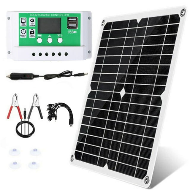 18V/25W Monocrystalline Solar Panel Kit Dual USB Phone Charger Outdoor Camping Power Bank Waterproof with 12/24V 60A PWM Solar Charge Controller for RV Marine Boat Off Grid System