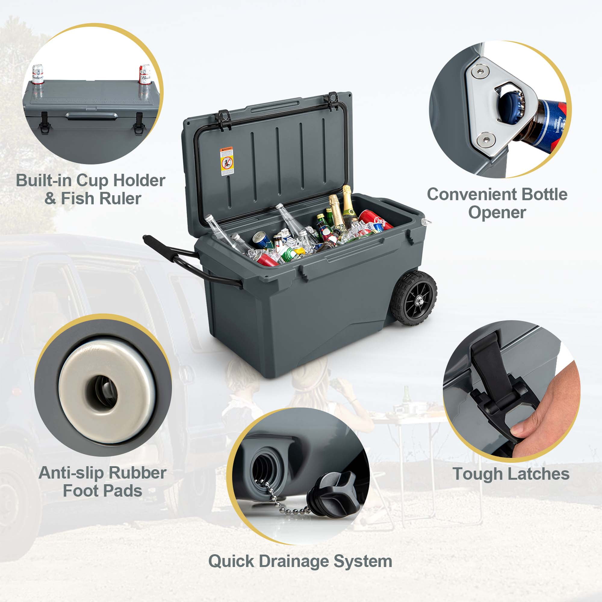 Costway 75 Qt Portable Cooler Roto Molded Ice Chest Insulated 5-7 Days with wheels Handle Charcoal