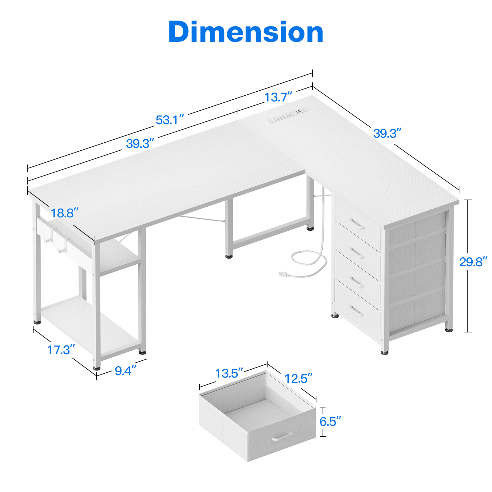 Casacomoda Reversible L-Shaped Desk With Charging Station, White photo 2