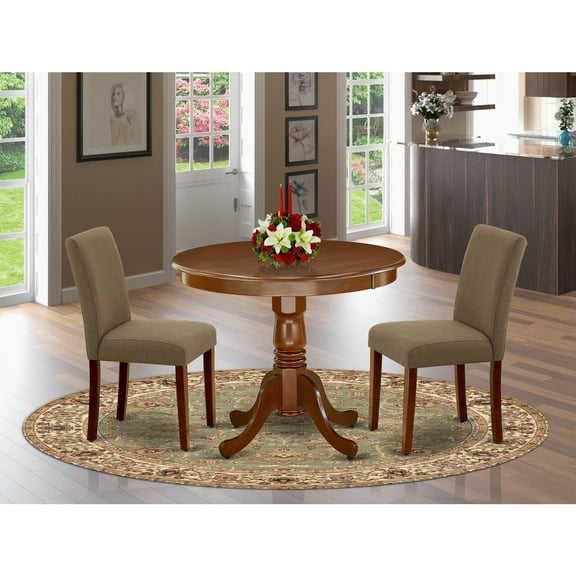 HomeStock Baroque Bonanza 3-Piece Dining Set - Rounded 36-Inch Dinette Table and Two Parson Chairs with Mahogany Legs and Linen Fabric in Coffee, Perfect for Cozy Dining