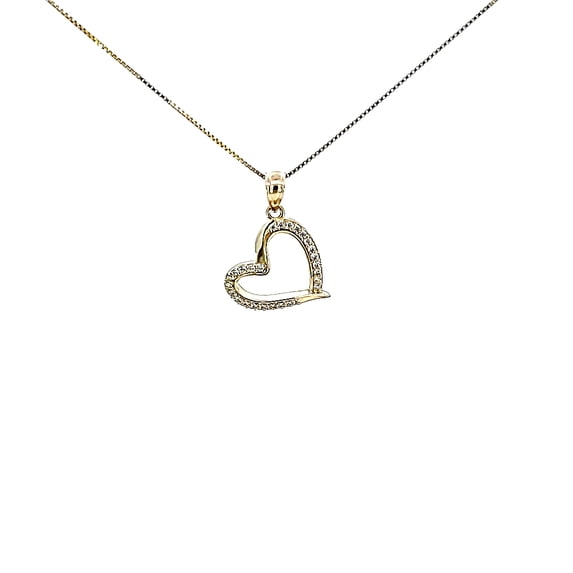 10K Solid Yellow Gold Cz Heart Pendant Charm with Box Chain