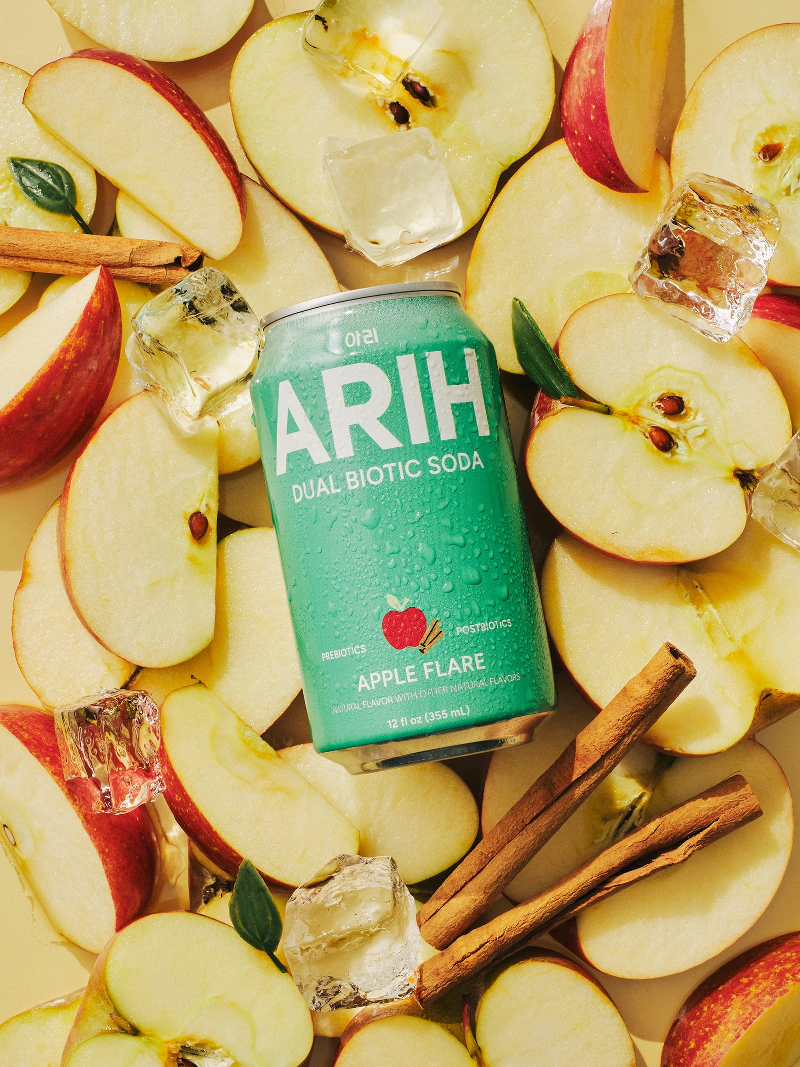 ARIH Dual Biotic Soda, Functional Prebiotic and Postbiotic Soda, Low Sugar, Apple Flare, 12 fl oz, 4 Pack