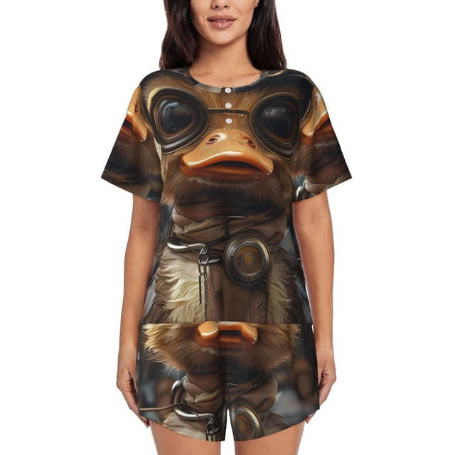 Xecao Vintage Gentleman Duck Pattern Women's Short Sleeve Pajama Set Soft Sleepwear Lounge Set with Button Front Top and Drawstring Shorts with Pockets-X-Large