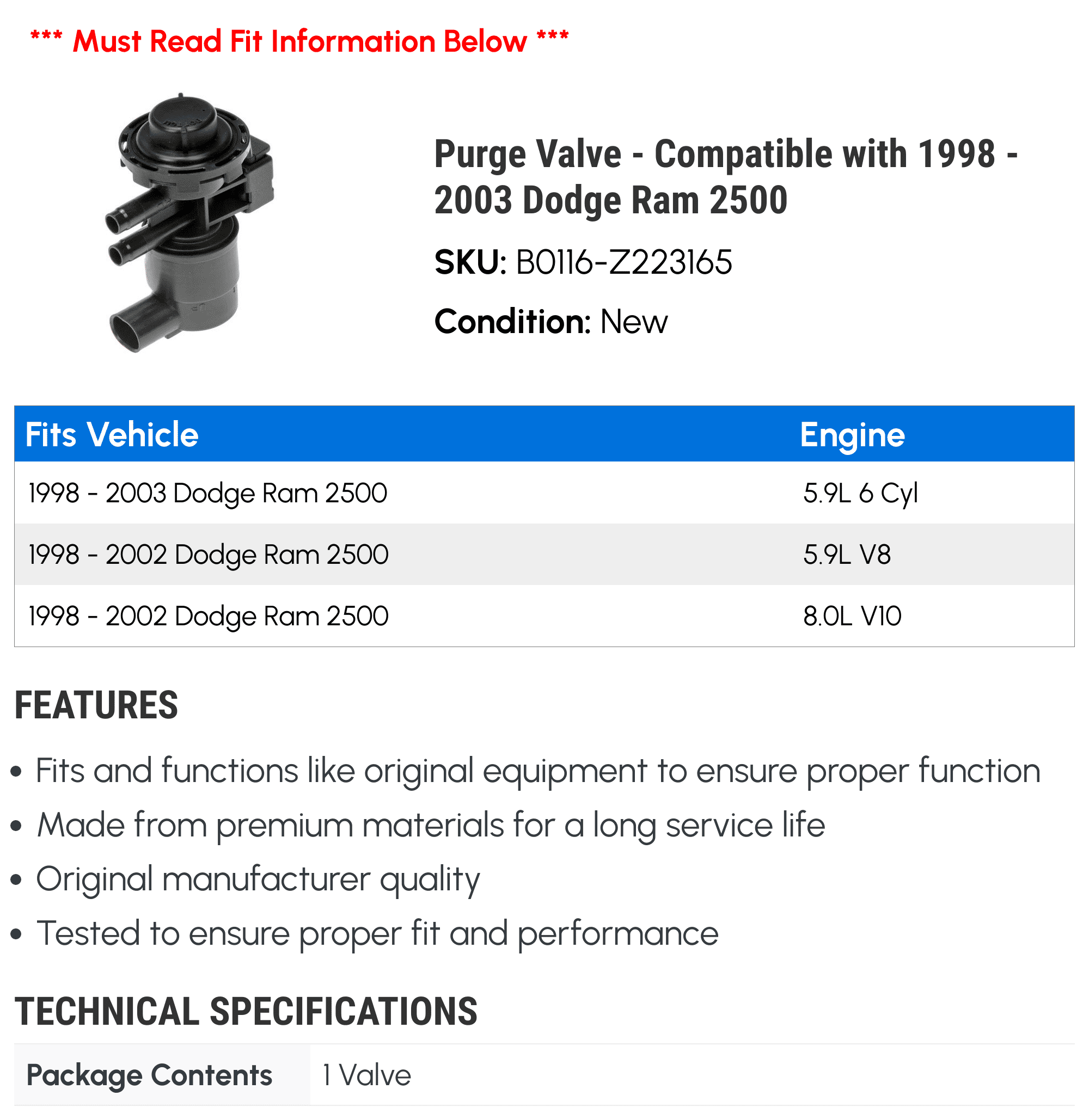 Purge Valve - Compatible with 1998 - 2003 Dodge Ram 2500 1999 2000 2001 2002