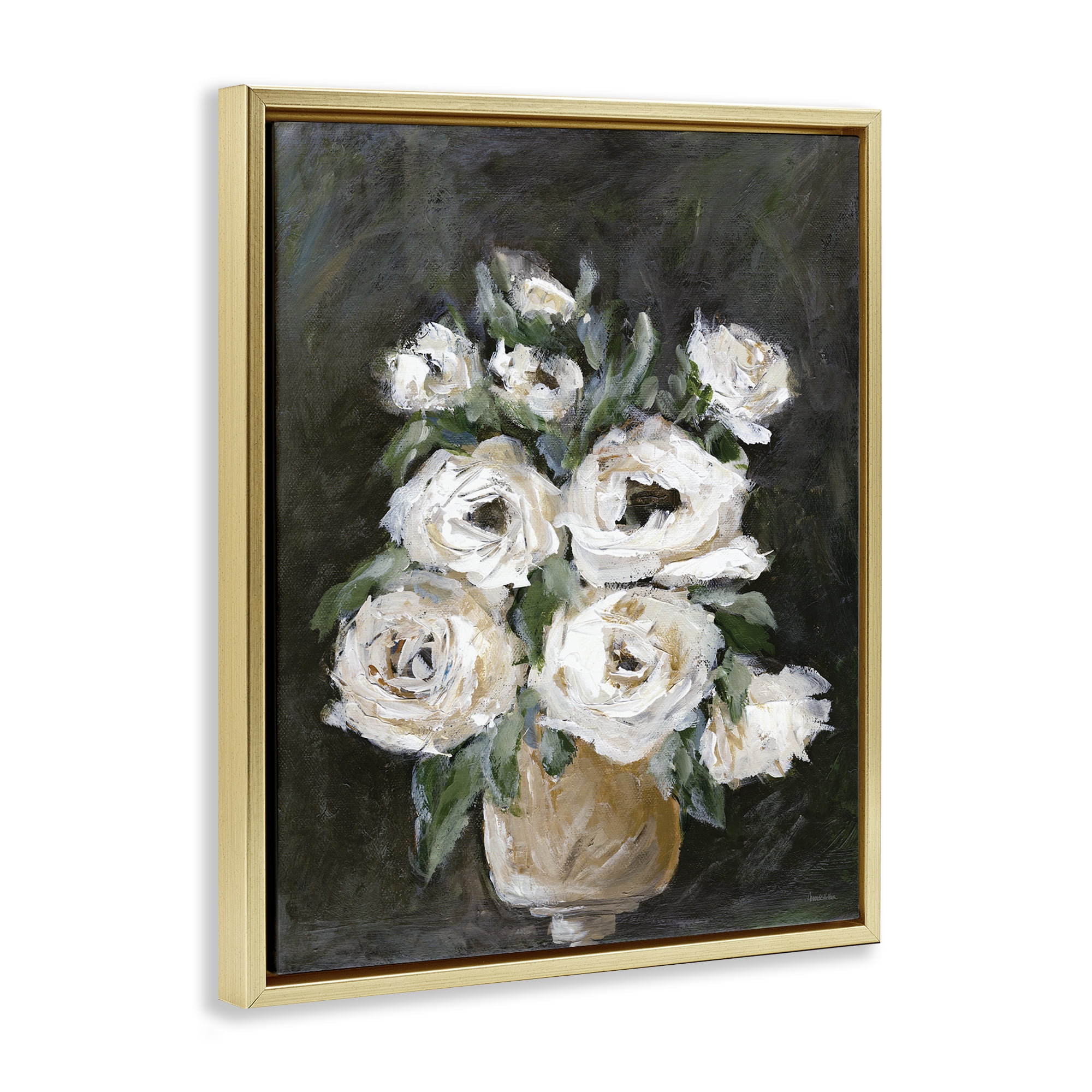 Stupell Industries Roses on Black Still Life Plants & Flowers Painting Gold Floater Framed Canvas Art Print Wall Art, 17 x 21