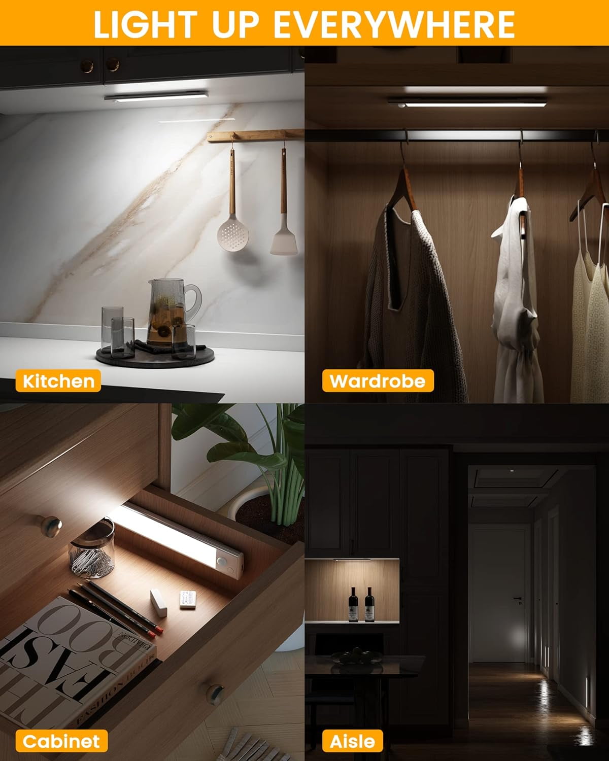 Asoko Motion Sensor LED Under Cabinet Lights, 12 in 3 Color Temperatures, (3 Pack)