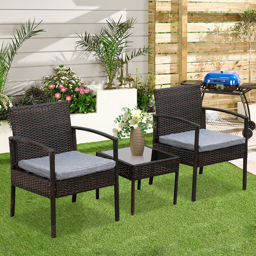 Poolside Porch Grey Cushion Lawns SOLAURA 3-Piece Outdoor Bistro Set Patio Furniture Chairs Black Wicker Garden Furniture with Glass Coffee Table for Garden 