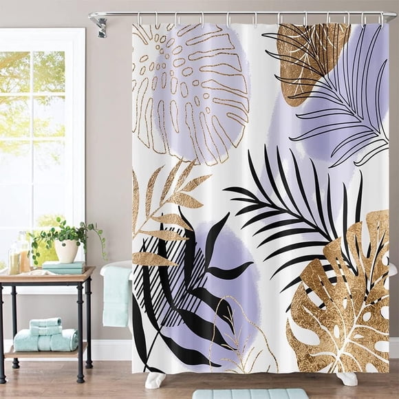 Purple Boho Chic Shower Curtain - Mid-Century Geometric Black Golden Abstract Leaves, Minimalist Aesthetic Modern Art Fabric, Waterproof Home Bathroom Decor, Includes 12 Plastic Hooks, 72Wx84H, Ideal