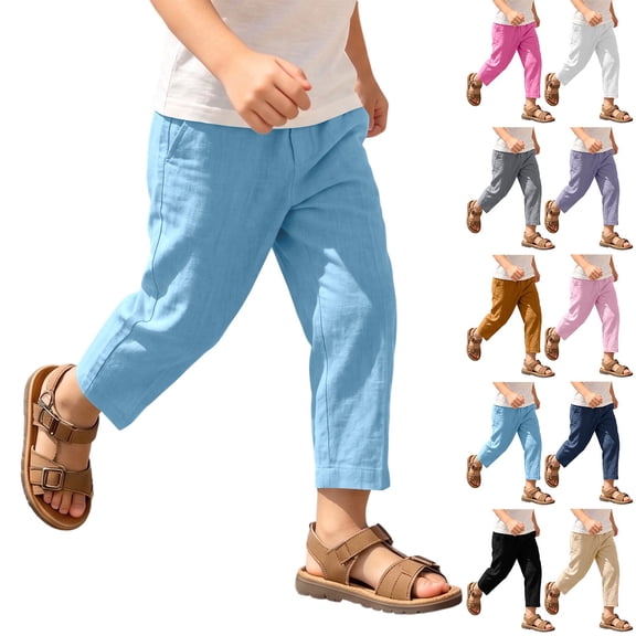 Boys Girls 100% Cotton Linen Lightweight Pants Pull On Joggers Active Pants for Kids