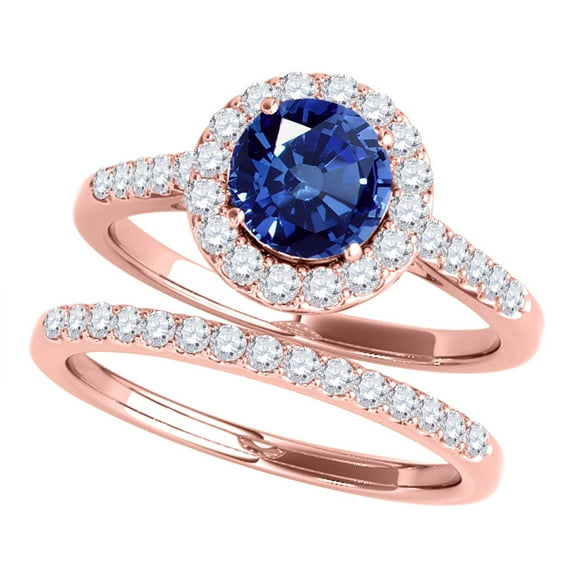Aonejewelry 1.40 Ct. Halo Sapphire and Diamond Bridal Set In 14k Rose Gold