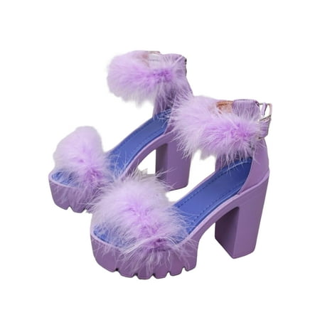 

SIMANLAN Ladies Dress Sandal Summer Heeled Sandals Ankle Strap High Heels Women Non-slip Shoes Womens Fluffy Purple 7