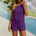 thumbnail image 2 of Caywon Airy Womens Coordinated Outfit Set Fashionable Solid Color Sleeveless Designs Casual LooseBlouse Top Paired with Above Knee Length Short Lightweight Fabric Purple S, 2 of 5