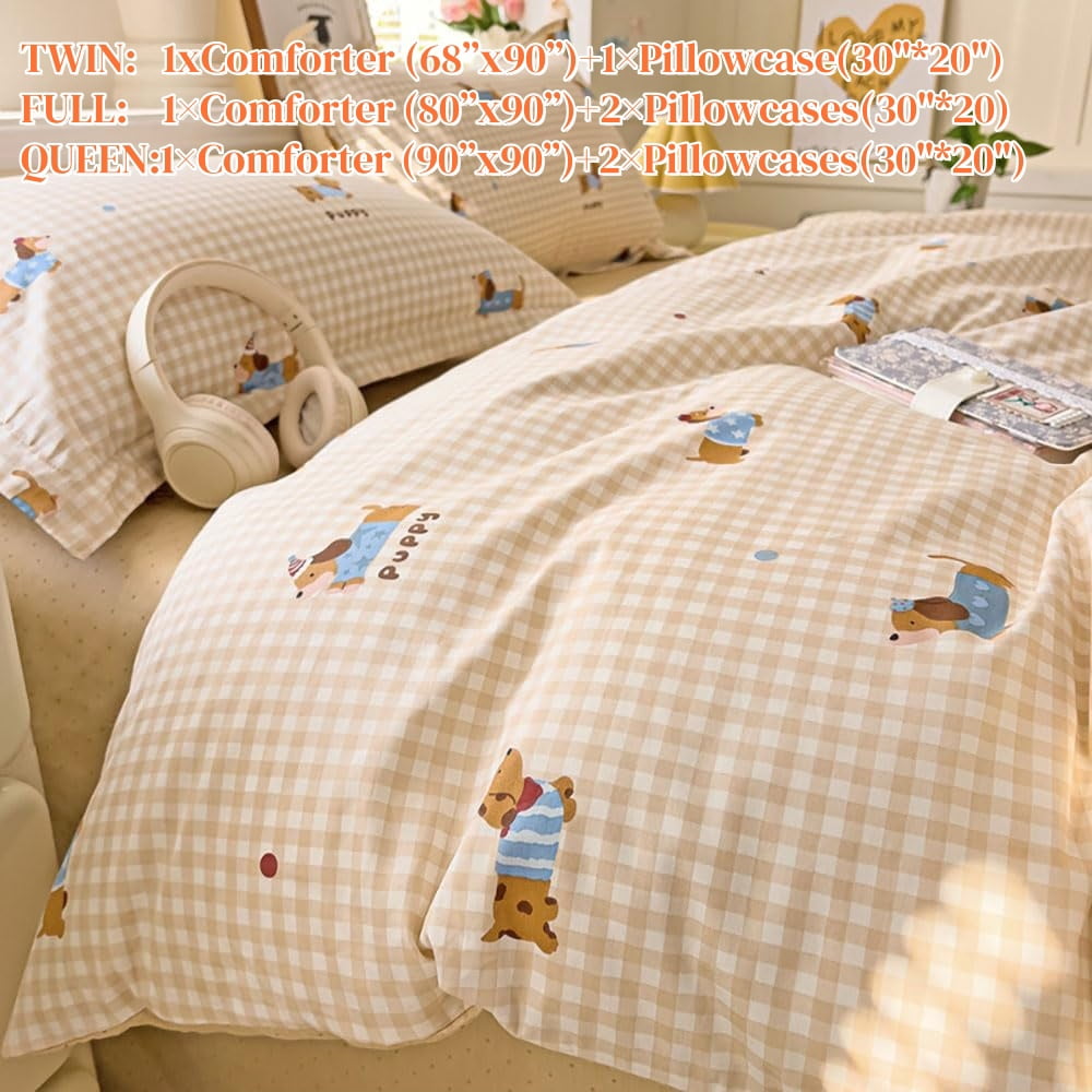 JOLUSERE 2-Piece Beige Gingham Puppy Pattern Comforter Twin Set , Soft Blue Dachshund Bedding Set for Kids Adults