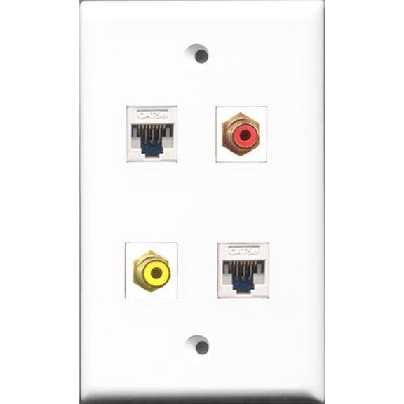 RiteAV 1 Port RCA Red and 1 Port RCA Yellow 2 Port Cat5e Ethernet White Wall Plate