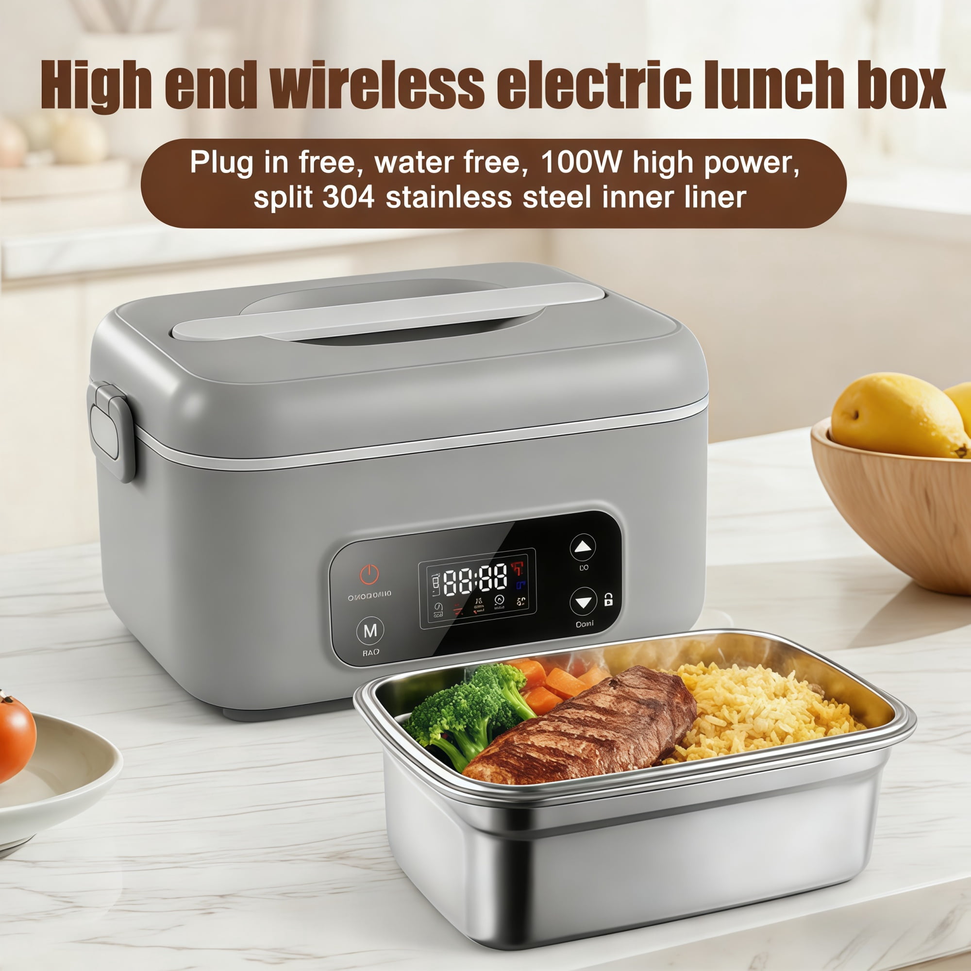 NPPNVV Advanced Cordless Heated Lunch Box for Adults, 5.5-Cup 100W Electric Lunch Box with 360° Surround Rapid Heating, 24000mAh Portable Food Warmer with Timer, LCD Display for Office, Car & Outdoor