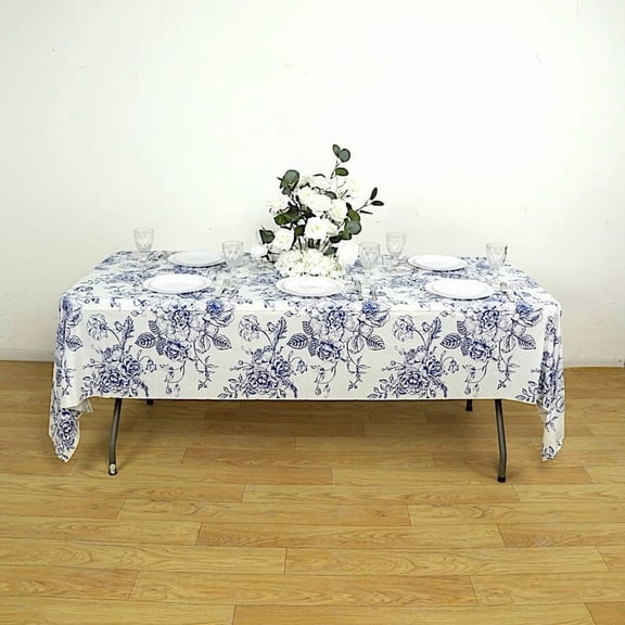 BalsaCircle 5 White with Blue 54x108 in Rectangular Disposable Plastic Tablecloths with French Toile Pattern Party Event