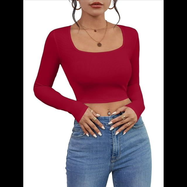 Tops Cortos de Larga para Mujer, con Cuello Cuadrado Acanalado, Ajustados, Informales, A para Dama Rojo Vino XS