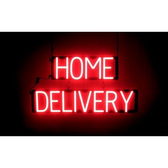 SpellBrite HOME DELIVERY LED Sign for Business. 28.4" x 15.0" Red HOME DELIVERY Sign Has Neon Sign Look With Energy Efficient LED Light Source. Visible from 500 Feet, 8 Animation Settings.