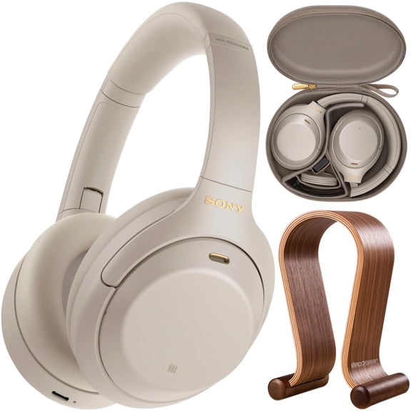 Open Box Sony WH1000XM4/S Premium Noise Cancelling Wireless Over-the-Ear Headphones Bundle with Deco Gear Wood Headphone Display Stand and Protective Travel Carry Case| Official Sony USA Dealer