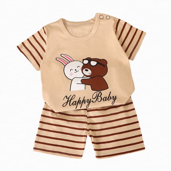 HCNTES Baby Boy Girl Cute Soft Clothing Sets Short Sleeve Tops and Pants Kids 2pcs Casual Outfits Spring Fall Summer Unisex Loungewear Outfits Set(Beige,18-24 Months)