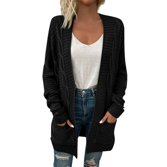 GIPQJK Cardigan Sweaters for Women Lightweight Open Front Chunky Cable Knit Sweaters Long Sleeve Color Block Ardigan Coat Outwear with Pockets,Black S