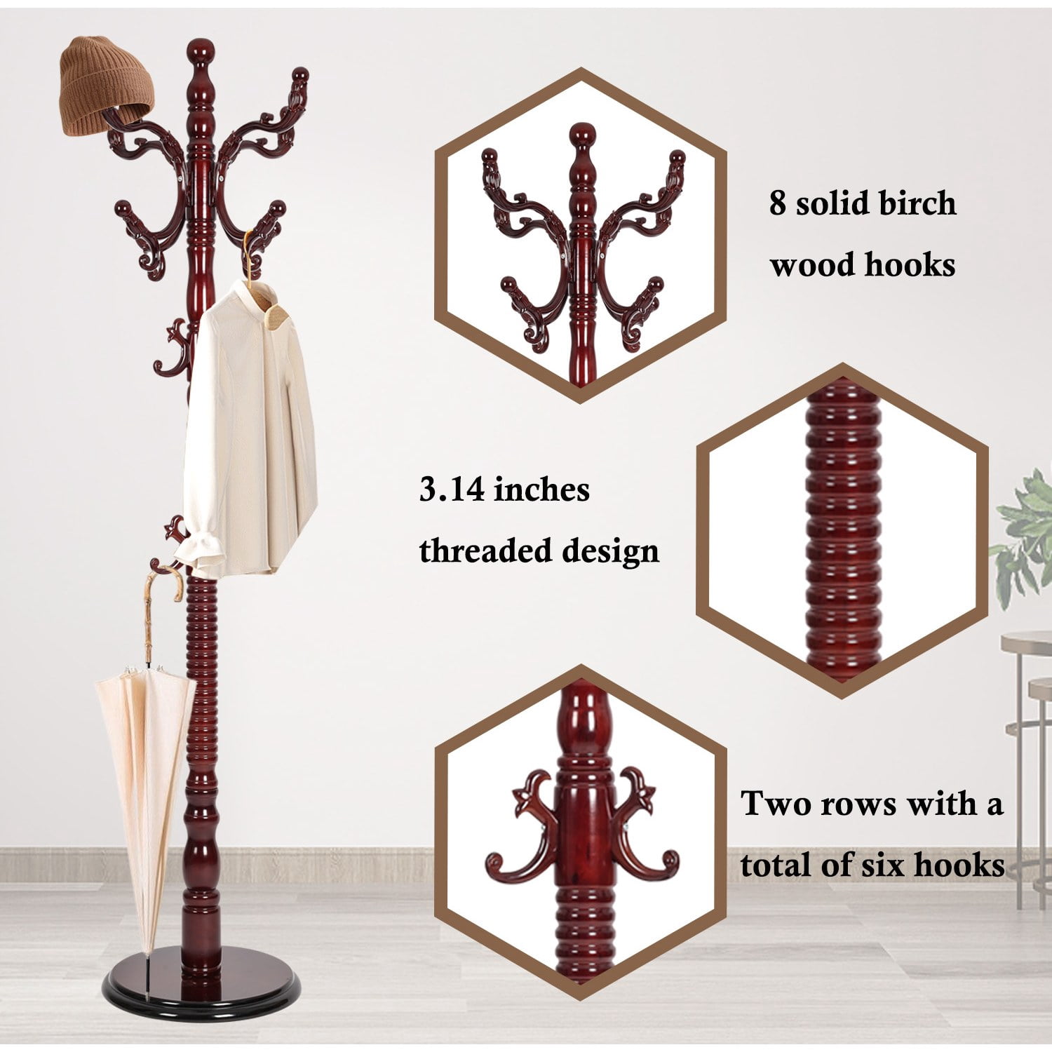 Freestanding Wooden Coat Rack, Natural Birch Wood Coat Tree with 14 Hooks, Sturdy Hall Tree for Entryway & Office