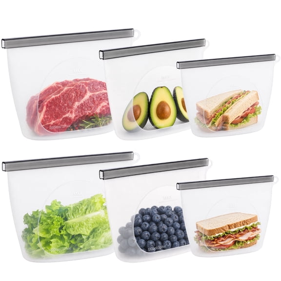 Food Storage Container 6PC Premium Food-Grade Silicone Reusable , Pinch Loc Seal, BPA Free, Dishwasher Safe/Leak Free, Clear, Airtight Seal Freezer Bags, Liquid, Snack, Lunch, Fruit
