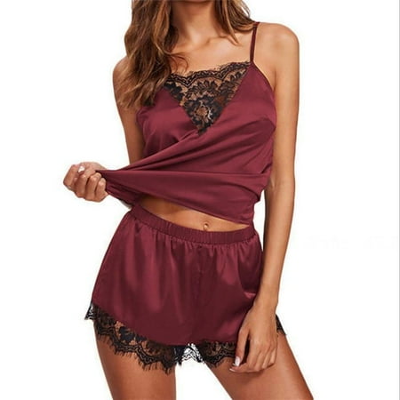 

Pajamas Ladies Sexy Pajamas Underwear Lace Pajama Set Polyester Material Claret M