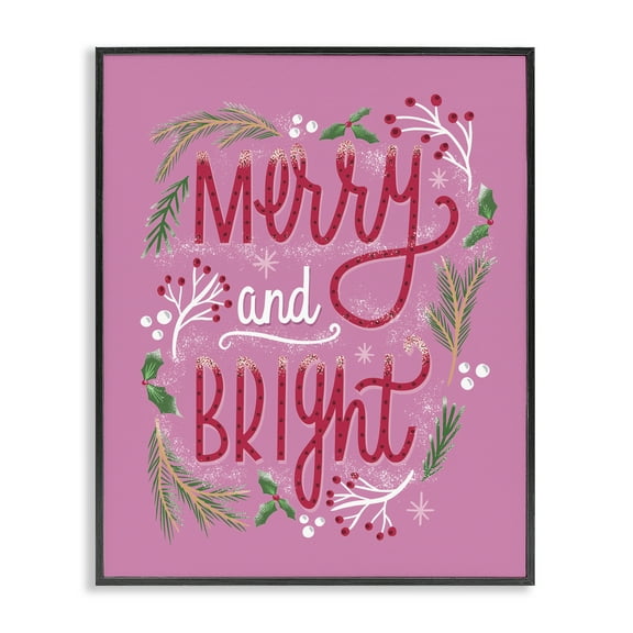 Stupell Industries Merry and Bright Pink Pine Holiday Painting Black Framed Art Prints Wall Art, 11 x 14