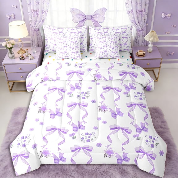 Erosebridal Kids Kawaii Ribbon Bowknot Twin Bedding Sets 7-Piece,Chic Floral Bow Bedding Comforter Set for Teens Girls,Breathable Home Decor