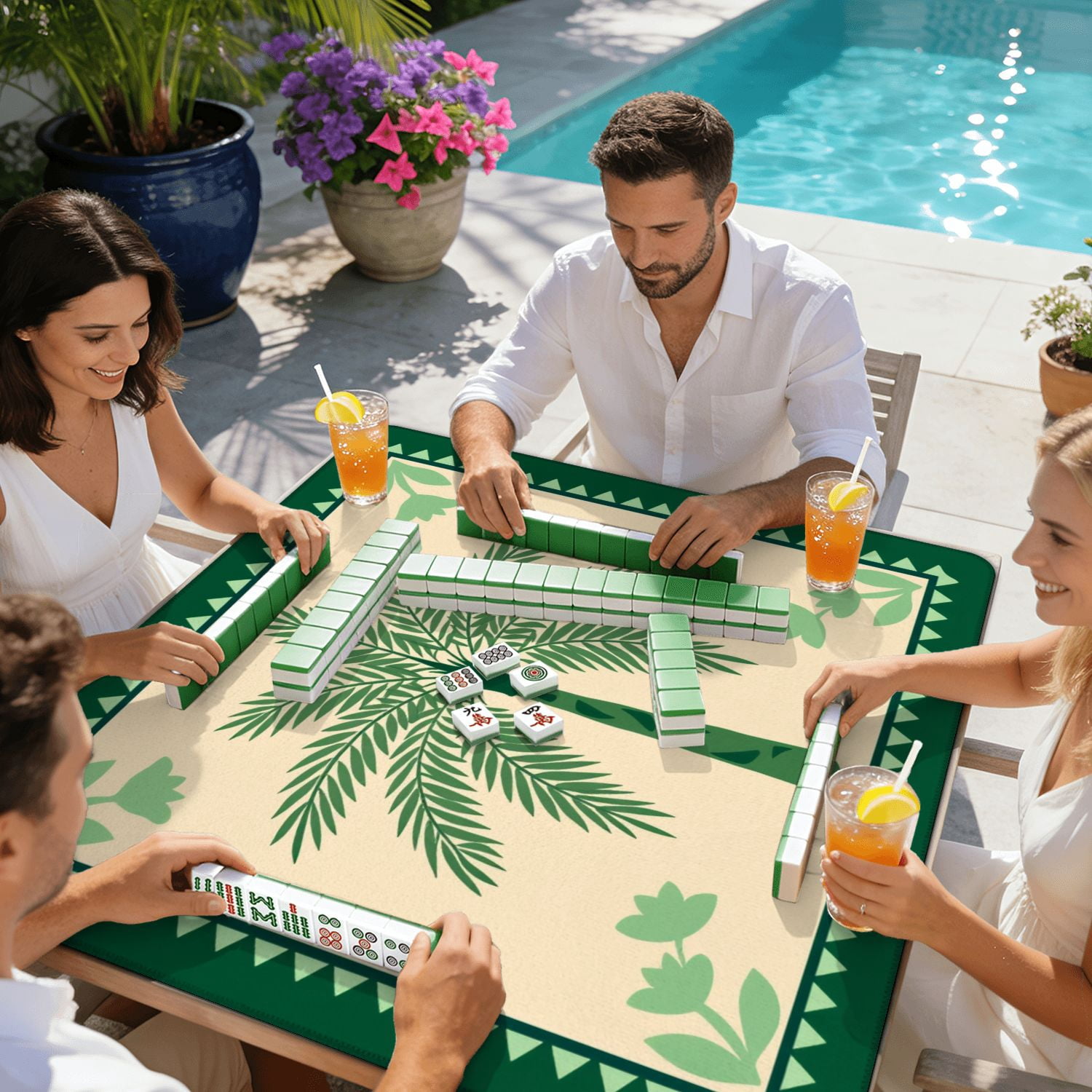 Mahjong Mat 31.5" x 31.5" Green Palm Tree Tropical Leaves Decorative Border Non-Slip Noise Reduction American Mahjong Tiles Table Cover for Dominoes Poker Card Board Games Gift