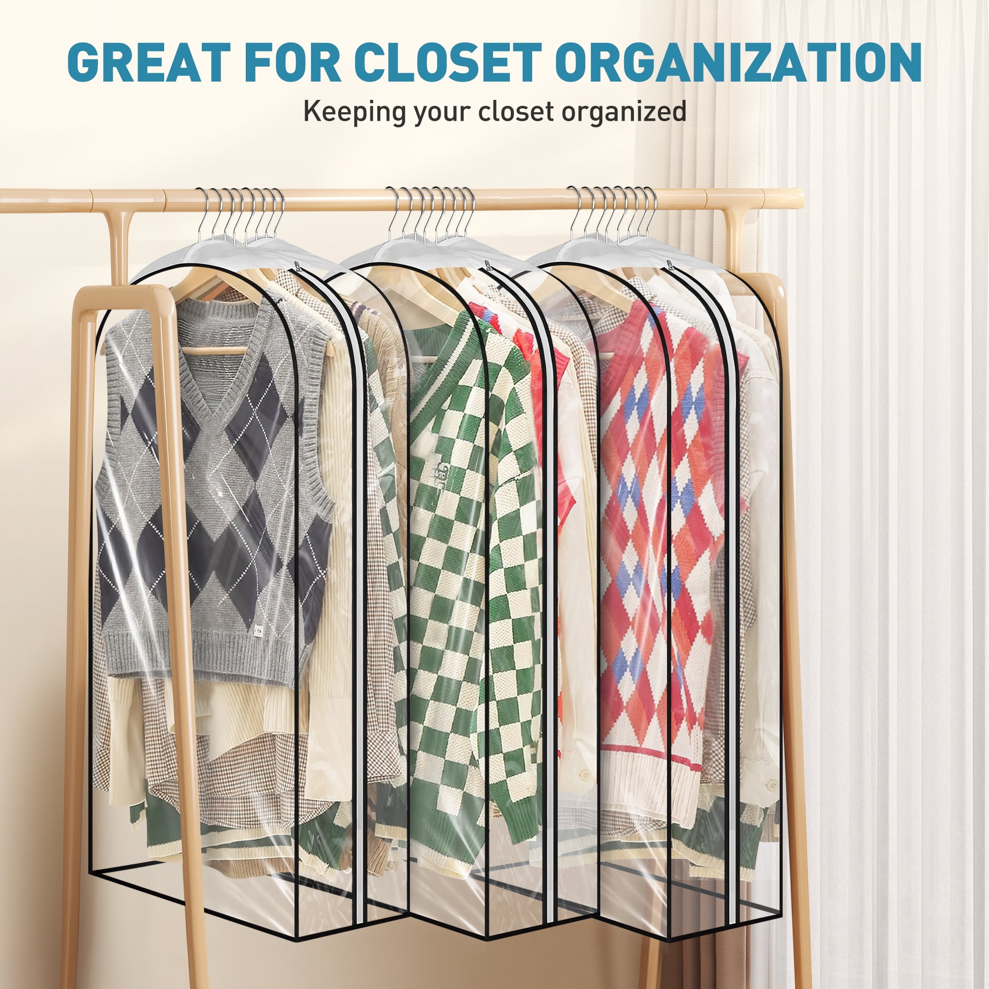 DAKOMM 43'' Garment Bag for Hanging Clothes, 3 pack 10'' Gusseted Suit Bag for Clothes, Shirts, Coats, Dresses, Plastic Protector for Clothes with PEVA Material, Waterproof & Odorless, Easy Clean