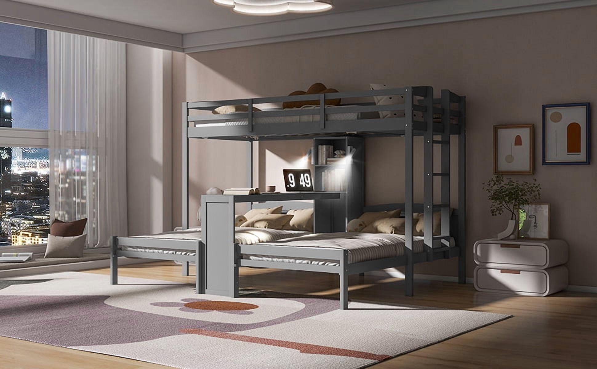 Mintazer Twin over Twin over Twin Bunk Bed with Desk, Bunk Bed with Reading Lamp and Storage Shelves, Gray