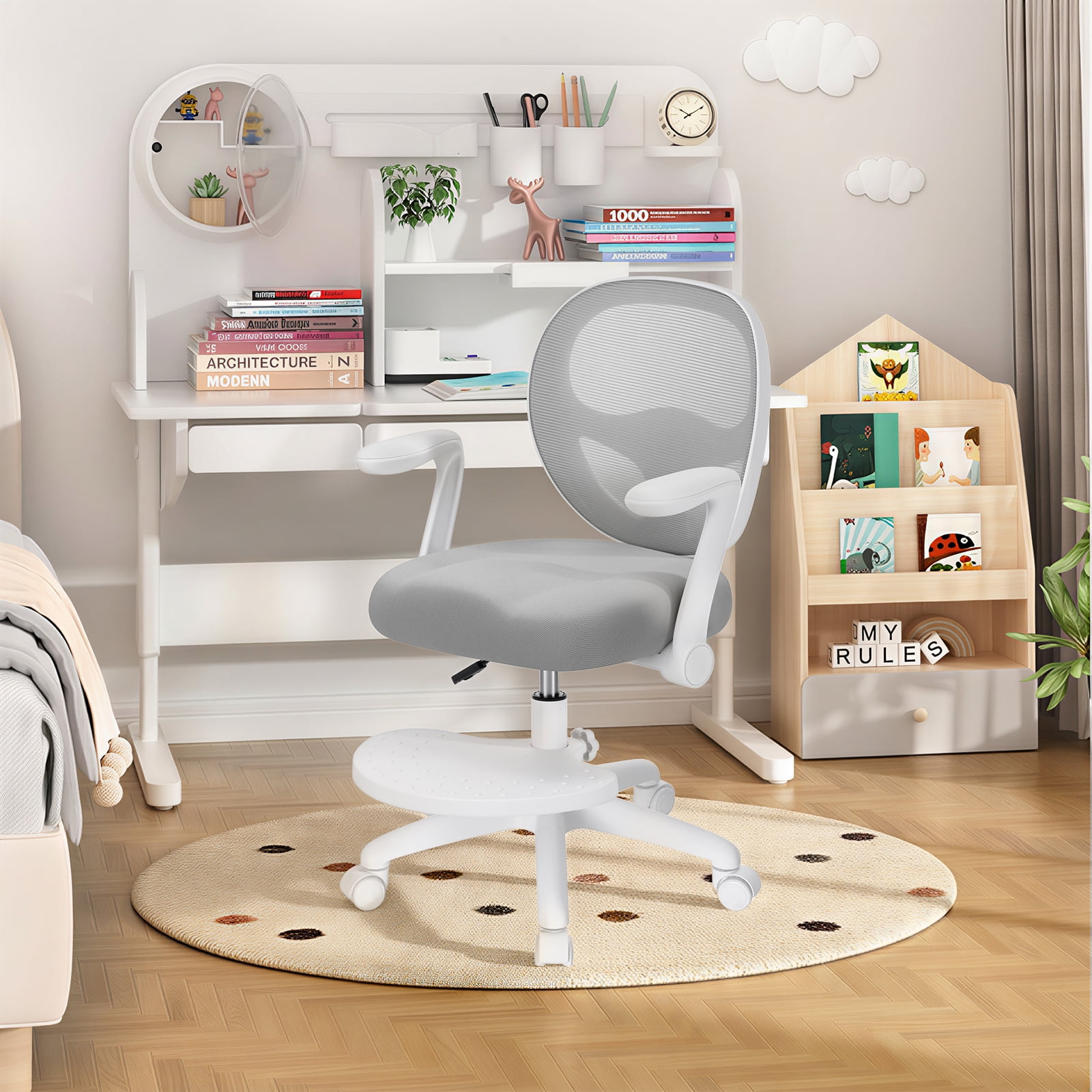 Hoffree Kids Desk Chair with Flipped Arms Wheels Ergonomic Study Chair with Footrest Adjustable Height Rolling Desk Chair for Teens Boys Girls in Study Room Grey