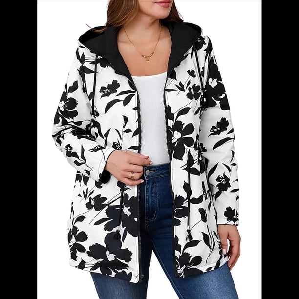 Chaqueta Ligera Reversible con Capucha y Cremallera de Larga para Mujer, Cortavientos Informal, Impermeable. Negro L