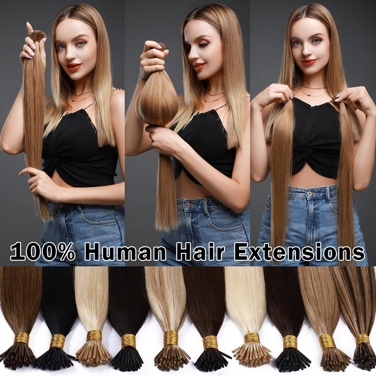 SEGO I Tip Hand-Tied Human Hair Extensions Cold Fusion Off Black 100 Strands Soft Straight Remy Hair Pre Bonded Stick Shoelace Tips