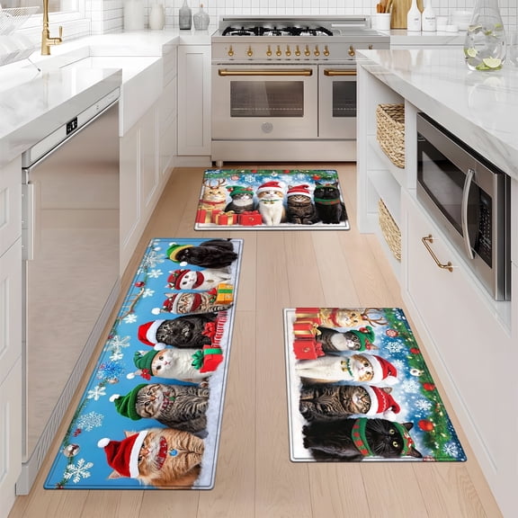 YIMEIS Christmas Cats Kitchen Decor Set of 3 Christmas Fall Kitchen Rugs, Xmas Decorative Farmhouse Floor Mats for Home Kitchen Dining Room Decorations - 16''*24'' and 20''*30'' and 17''*47'' inch