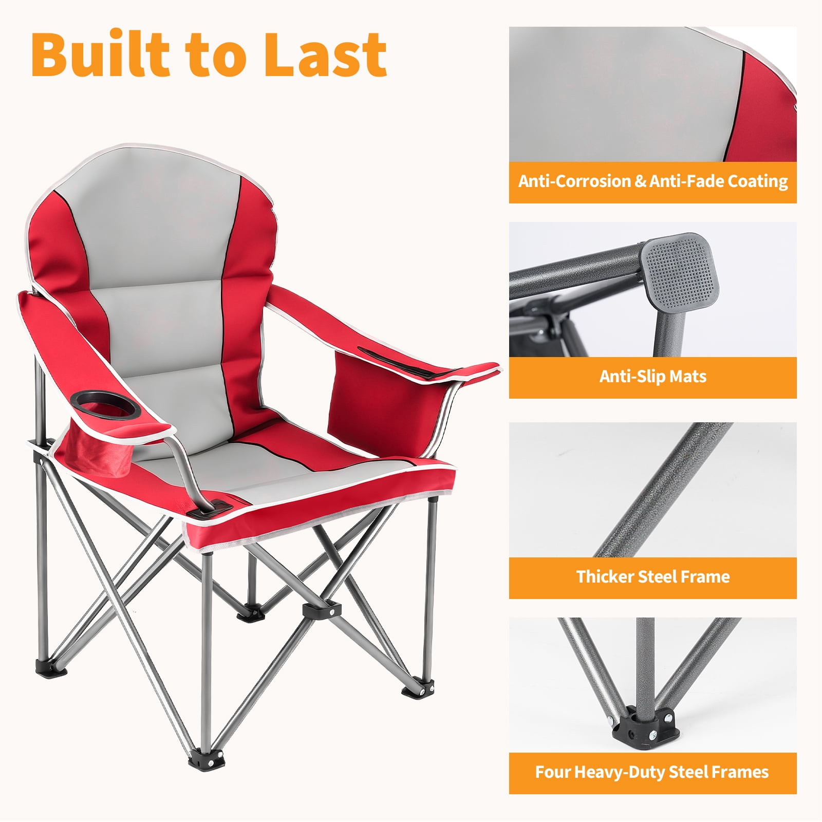 2 PCS Oversized Camping Chair, Folding Chairs with Padded Back and Armrest, Steel Frame with Cooler Bag, Storage Netting Cup Holder, Red