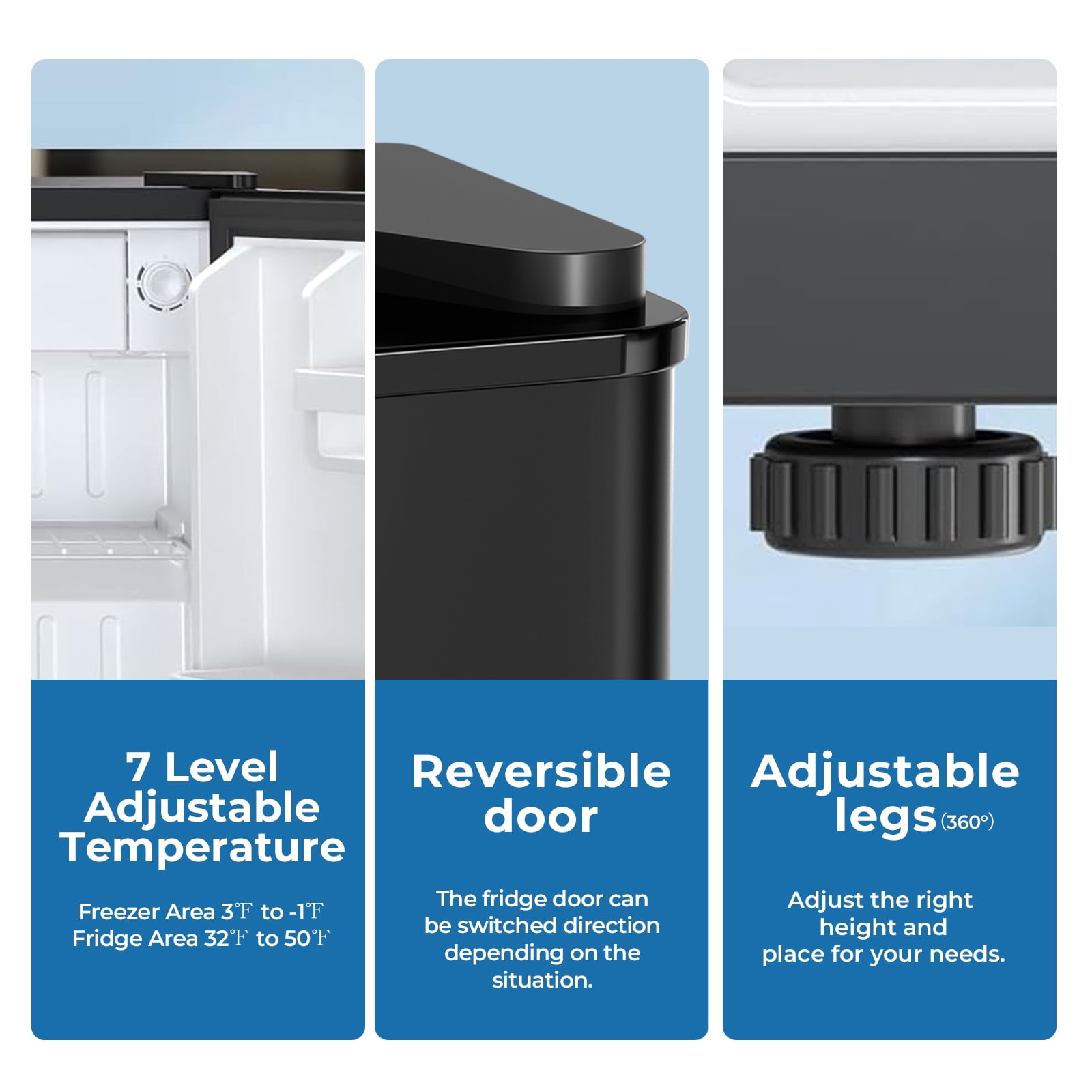 WAA 1.6 cu.ft Small Upright Mini Fridge with Freezer - Removable Shelves,7-Level Adjustable Thermostat,Low Noise,Suitable for Bedroom/Apartment/Office(Black)