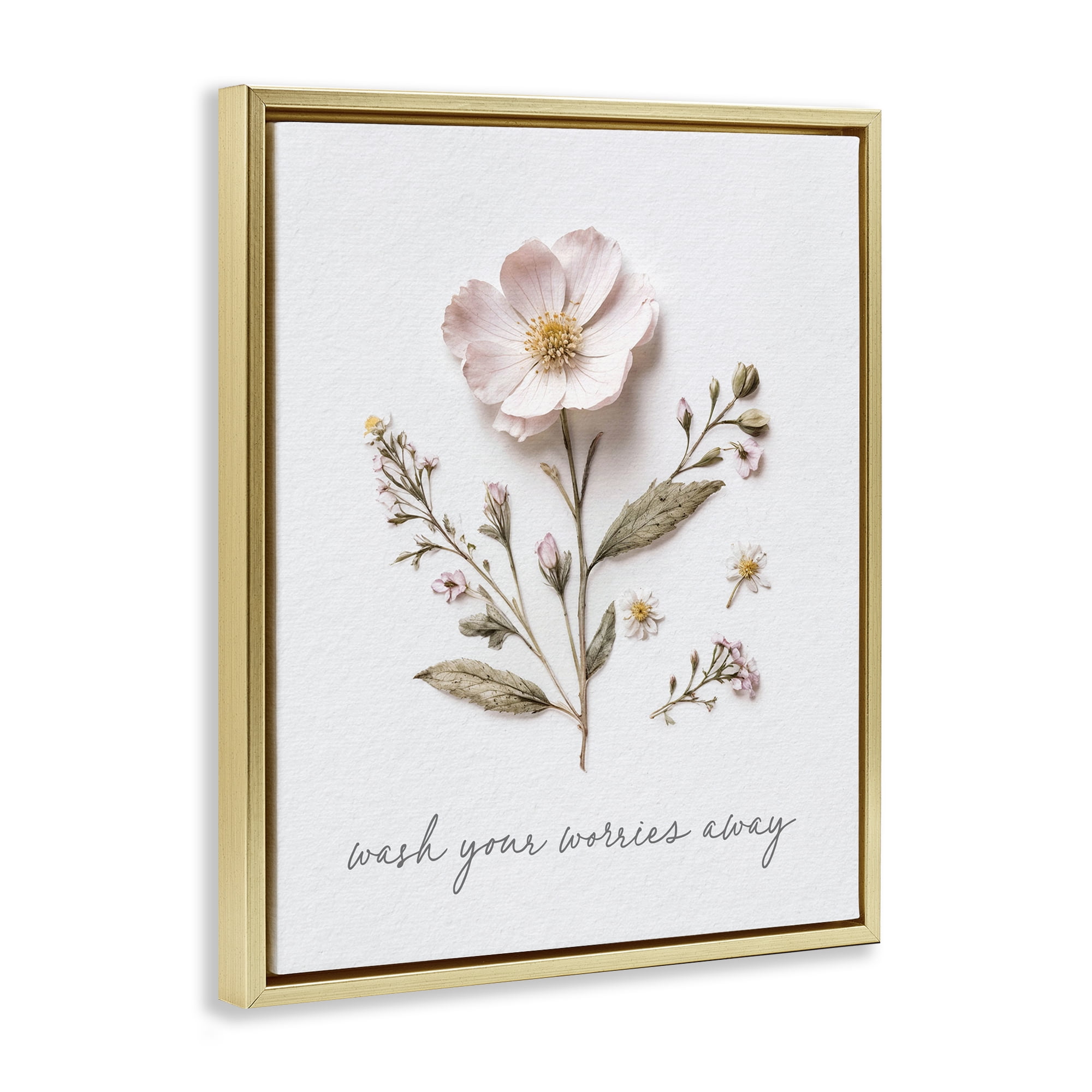 Pressed Flower Wash Worries Away Gold Framed Floater Canvas Wall Art, design by Lettered and Lined