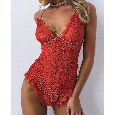 

Women s Sling Sexy Lace Hollow Sleepwear V-Neck Lingerie One-Piece Bodysuit Pyjamas Lace Hollow Stretchy Deep Nightwear