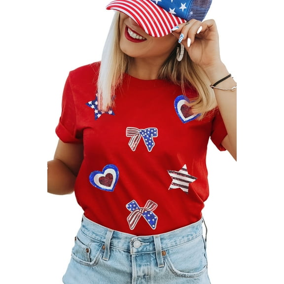 Women's Red American Flag Sequined Graphic Tee - Patriotic Round Neck T-Shirt - [ZhiHiMeRi] | (US 20-22)2XL