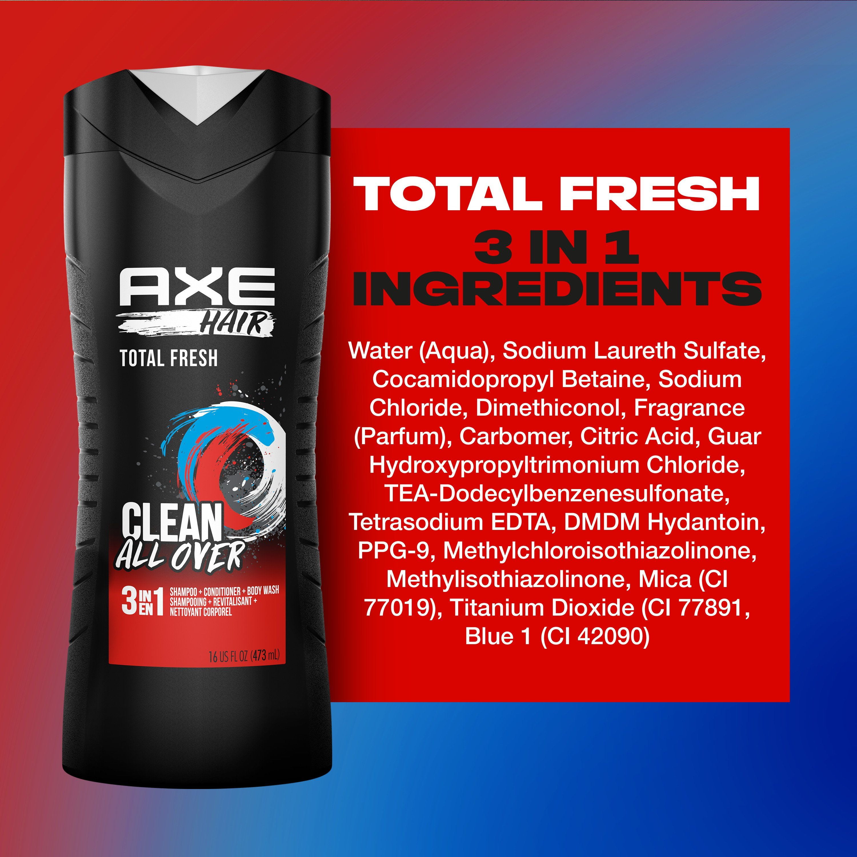 2 Pack - AXE 3 in 1 Body Wash + Shampoo + Conditioner - Total Fresh - 16 oz Packaging may vary