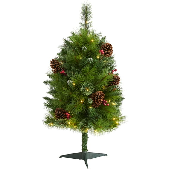 Nearly Natural 3ft. Montana Mixed Pine Artificial Christmas Tree with Pine Cones, Berries and 50 Clear LED Lights