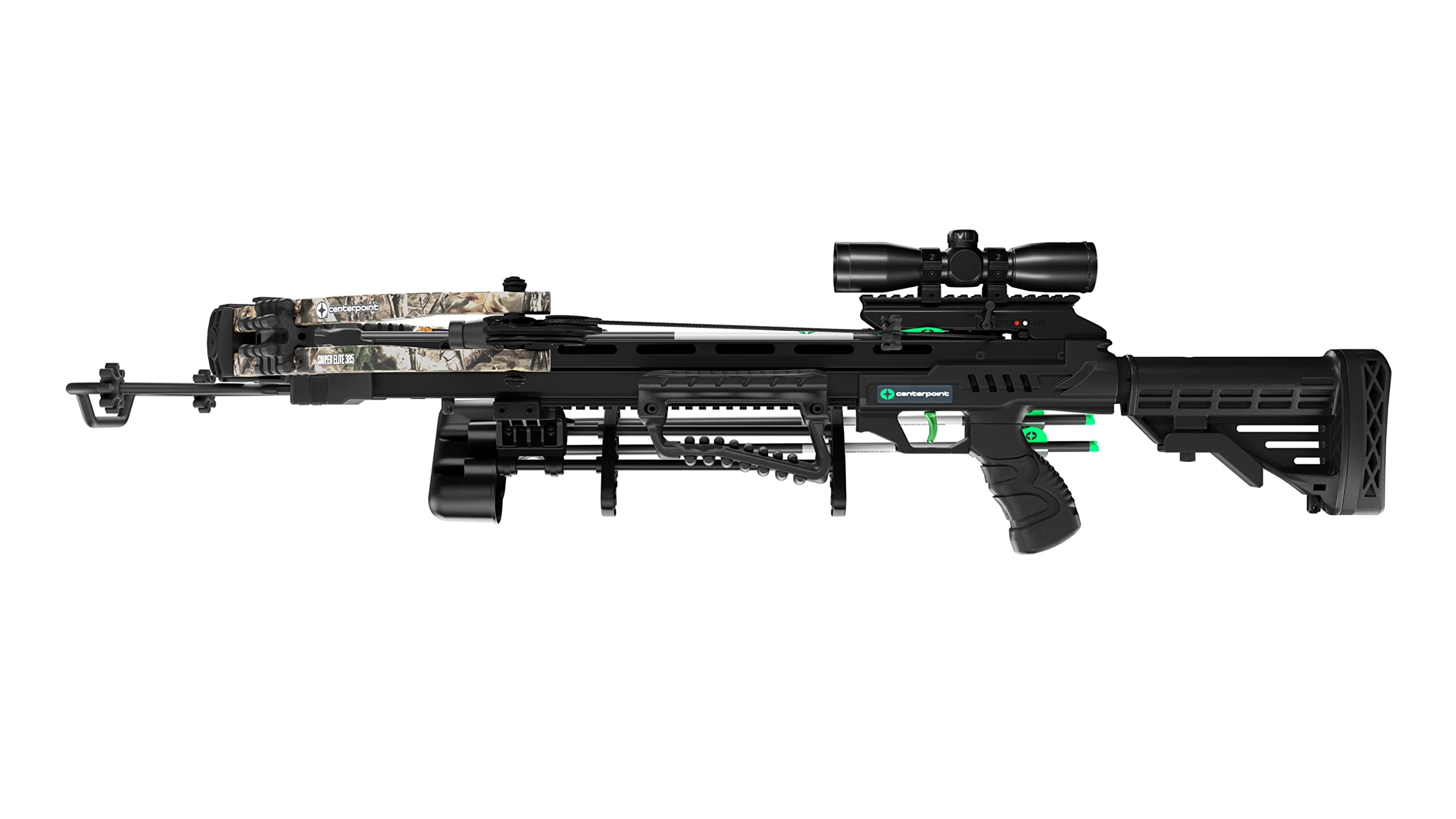 CenterPoint Sniper Elite 385 FPS Crossbow with 4x32mm Scope with Detachable Quiver, (Black/Camo)