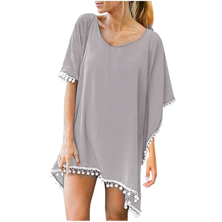 Summer Savings! Lovzfmll Swimwear Cover-ups for Women  Women Trim Kaftan Chiffon Tassels Swimwear Beach Loose Bikini Cover up Gray
