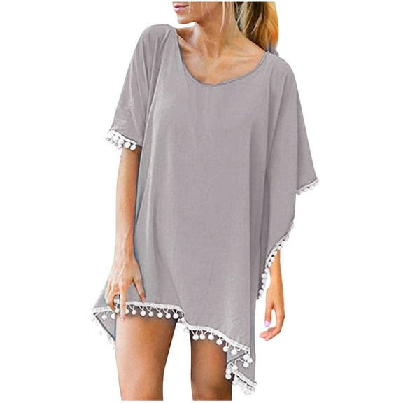 EQWLJWE Women Chiffon Tassel Swimsuit Cover Up,Solid Color Short Sleeve Beach Dress Loose Fit Bikini Cover Up for Vacation Gift Gray Free Size