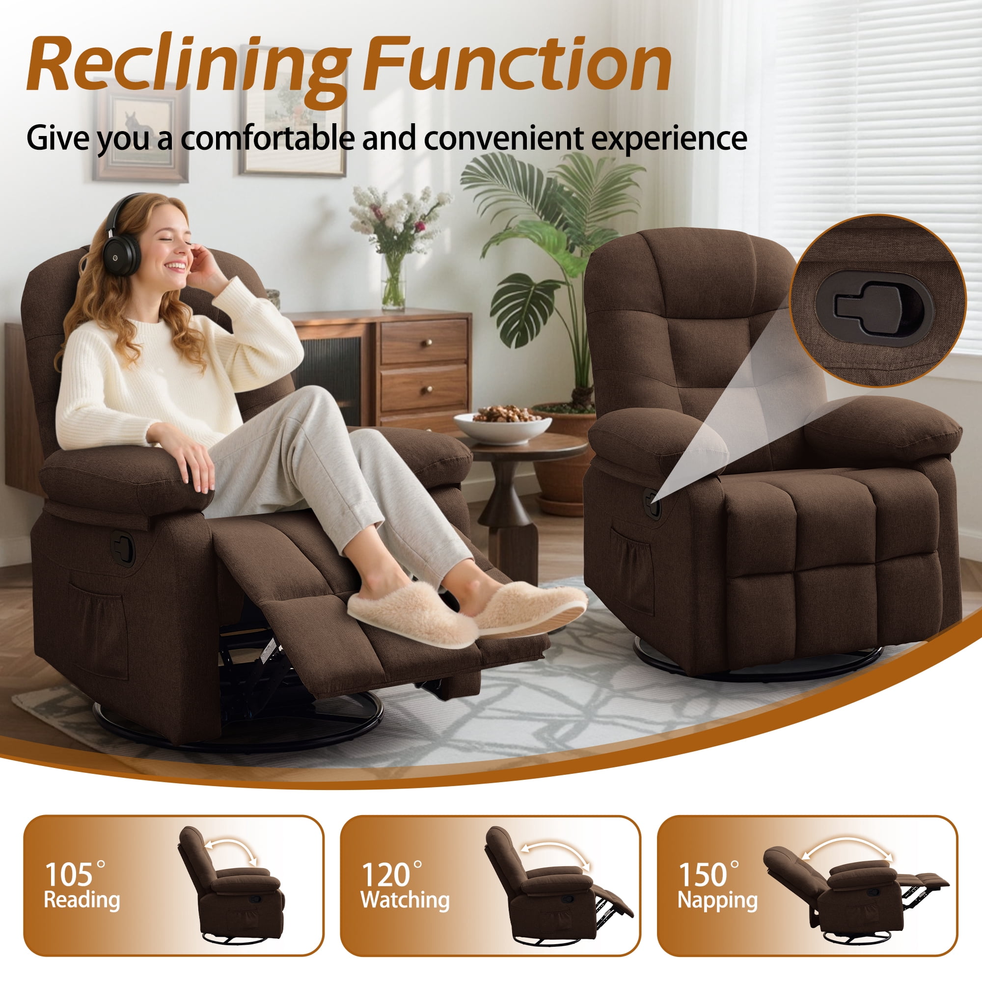 Korser Manual Swivel Rocker Recliner Chair for Living Room,Small Recliner Sofa for Small Spaces,Linen Fabric,Brown