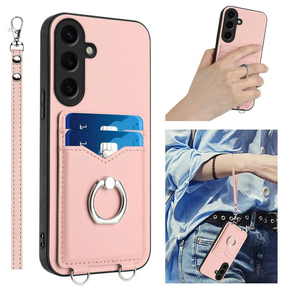for Samsung Galaxy A54 5G Case, Card Holder Wallet Case, Ring Holder Stand, Wrist Hand Strap, PU Leather Anti-Scratch Shockproof Protective Flip Phone Cover for Samsung Galaxy A54 5G Case, Rosegold