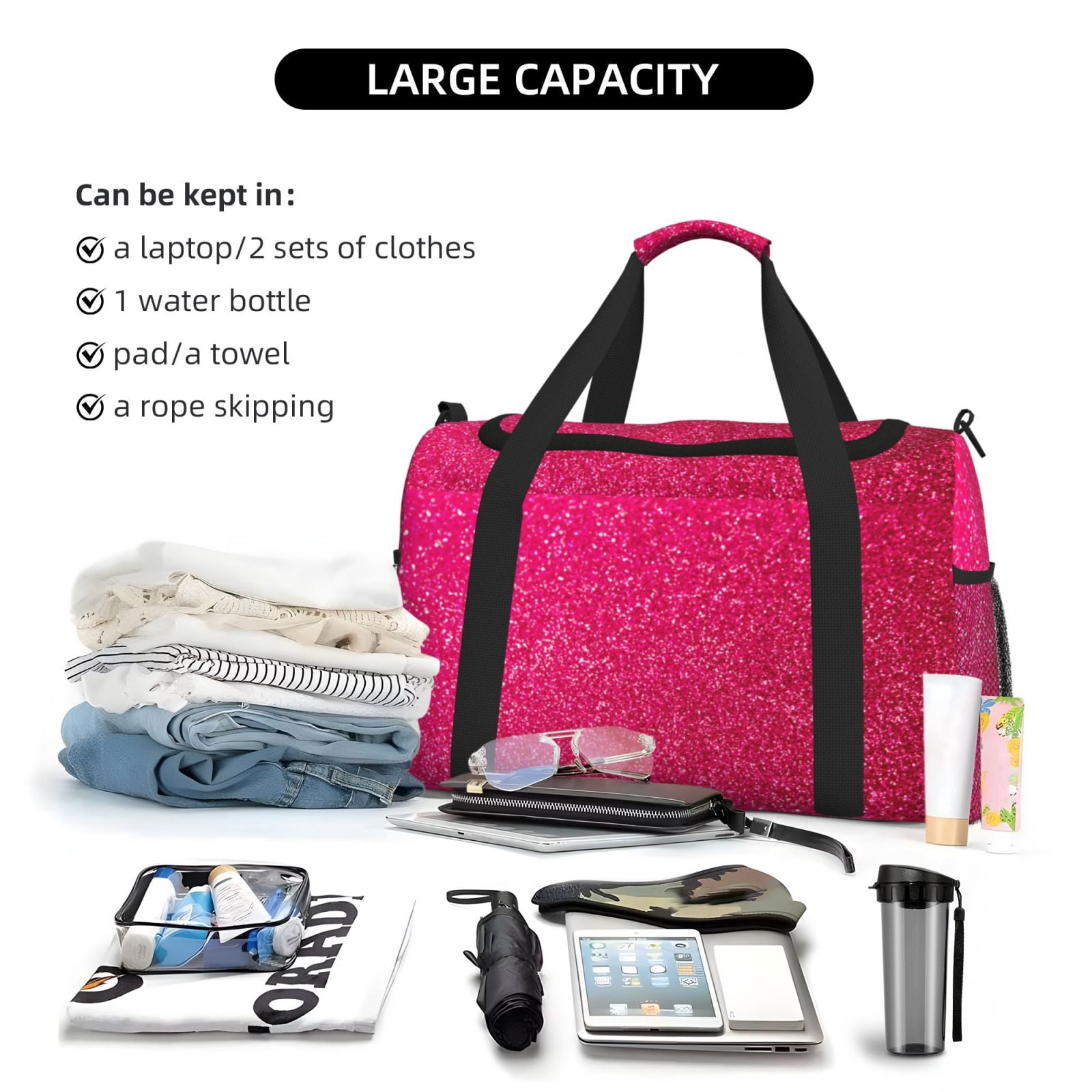 Fuzoiu Rose Red Glitter Print Travel Duffle Bag,Carry On Tote Bags,Duffel Bag,Sport Gym Bag, Hospital Bag for Labor and Delivery, Overnight Bag,Luggage Bag